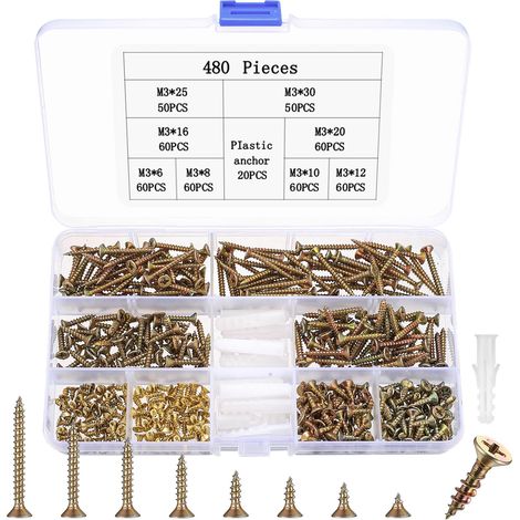 480 Pcs Vis à Bois, M3 Assortiment de Vis Bois, Vis à Tête Fraisée Cruciformes, Vis Autotaraudeuses pour Terrasses Aggloméré Plastique Béton (1/5)