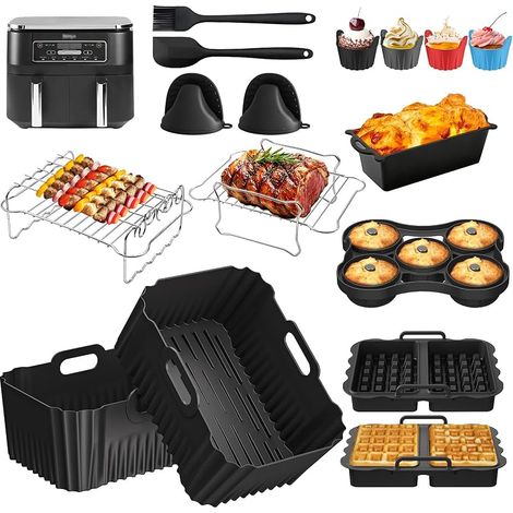 Accessoires Air Fryer Set pour Ninja Double Stack xl SL400EU 9.5L, 21 pcs Moule Silicone pour Ninja Foodi MAX Dual Zone AF400EU, Réutilisable Plat Airfryer avec moule gaufres/beignets, grilles etc (1/5)