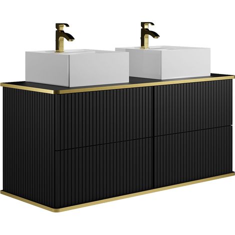 Mobile bagno sospeso scanalature profilo dorato doppio lavabo da appoggio quadrato 120 cm Nero  - KELIZA