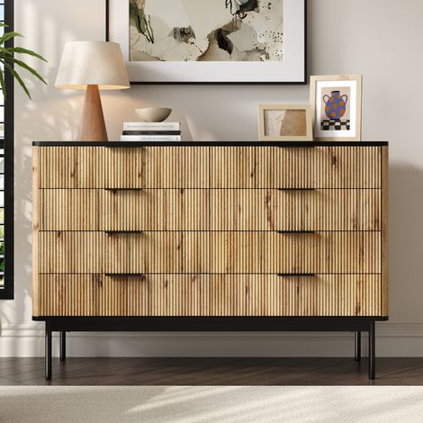 Kommode 120x39,5x80 cm – 8 Schubladen – Aufbewahrungsmöbel mit schwarzen Griffen – Natur und Schwarz