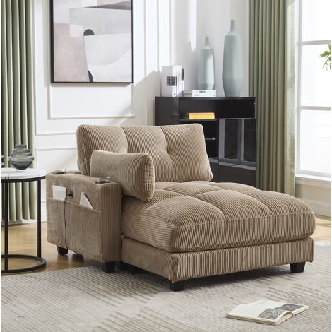 Poltrona lounge in velluto a coste kaki 140 x 112 x 81 cm con USB e 3 portabicchieri (1/5)