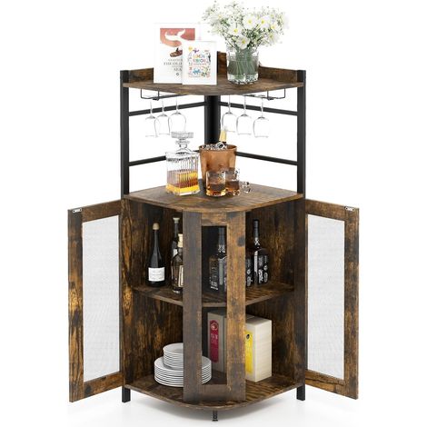 Goplus – Armoire à vin d'angle style industriel – 2 portes grillagées – 2 porte-verres – Étagère réglable – Capacité 60 kg – Dimensions 130x48x48 cm (1/5)