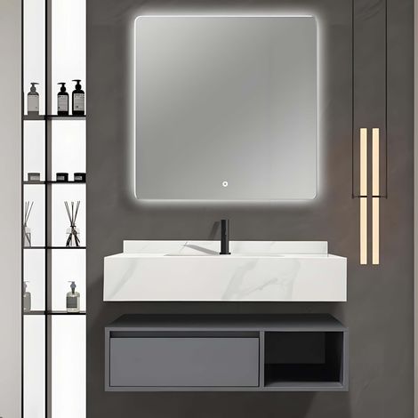 Mobile bagno sospeso 1 cassettone, base mobile, lavabo, specchio retroilluminato a LED - Colore grigio - 100 cm