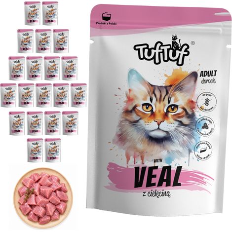 Aliment humide pour chat TufTuf, sachet de veau de 20 x 300 g, viande en conserve (1/2)
