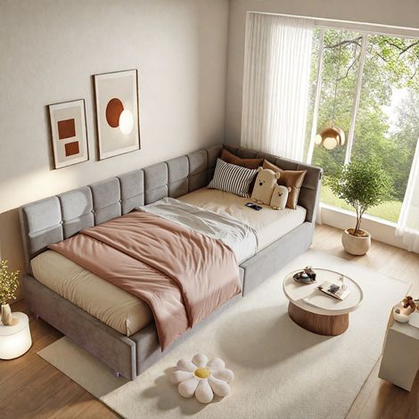 Canapé-lit rembourré gris 90 x 200 cm - Lit simple en velours avec rangement - Ports USB et Type-C - Bande lumineuse LED télécommandée - Salon/Chambre (1/5)