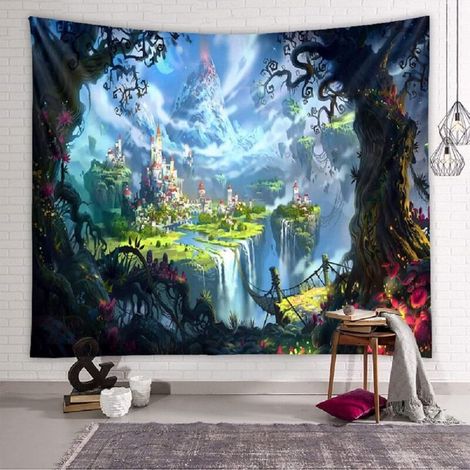 Tenture Murale Forêt Chateau, Tapisserie Psychédélique Fantaisie Tapisseries Murale de Fée, Tapestry Hippie Décoration Tenture Couverture pour Chambre Salon(200 x 150cm)-Fei Yu (1/5)