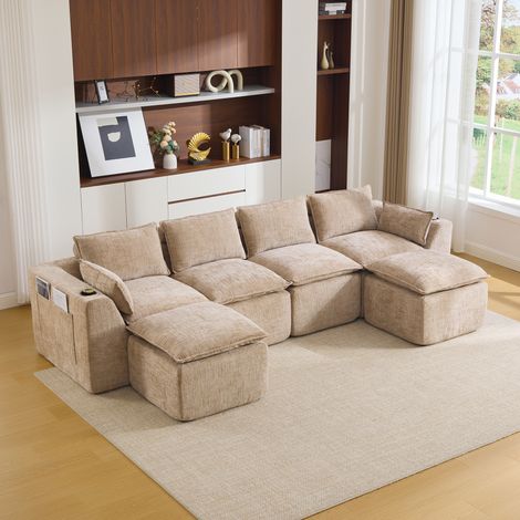 Grand Canapé modulable 4 places avec 2 poufs,Tissu en chenille kaki,Combinaison libre,Porte-gobelets et poches latérales,322x161x75cm