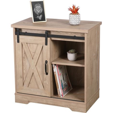 Rustikaler Kommodenstil WAYNE Kollektion - 1 Schiebetür und 1 Regalboden, Farbe helles Eichenholz, Maße 70x40x72 cm