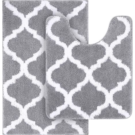 Lot de 2 Tapis de Bain Antidérapant, Tapis Salle de Bain Absorbant en Microfibre Douce, Tapis de Salle à Motifs marocains, Lavable en Machine - 50 x 76 cm + 50 x 60 Contour WC, Gris (1/5)