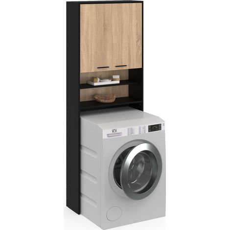 Idmarket – Meuble dessus machine à laver et WC – Étagères de rangement bicolores noir et bois hêtre – Dimensions 65x24x180 cm – Panneaux mélaminés