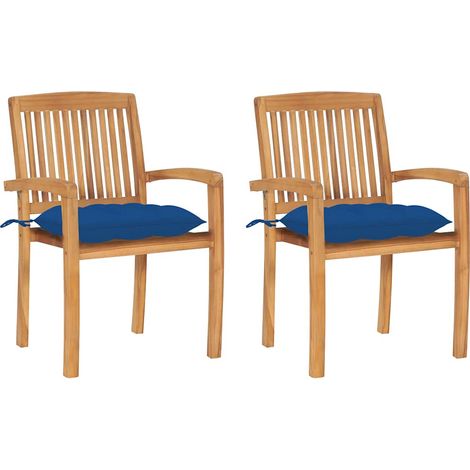 vidaXL Sillas de jardín 2 uds madera maciza de teca con cojines azules (1/4)