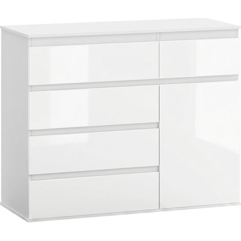GagaSideboard moderne commode avec 5 tiroirs et etagere reglable blanc brillant (1/5)