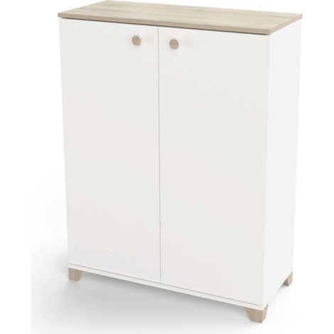 Armario Auxiliar Pequeño Izzy con Puertas Abatibles en Color Blanco mate y Roble Kronoberg 104x80x35 cm (1/6)