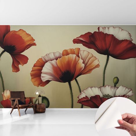 Selbstklebend Tapete - Wandgestaltung - Tapete Wohnzimmer - Flur Eingangsbereich Fröhliche Mohnblumen 416x254 cm