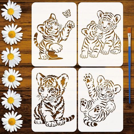4Pcs Pochoirs Tigre 21x29.7cm Avec Un Pinceau Pochoirs Tigre Mignons Réutilisables Format A4 Modèle de Dessin Thème Animal pour Artisanat sur Bois, Mur, Toile, Tissu, Décoration (1/5)