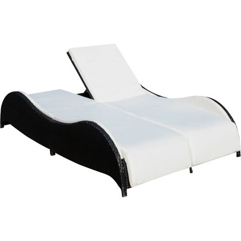 Chaise longue  Transat  Bain de soleil double avec coussin Résine tressée Noir (1/5)
