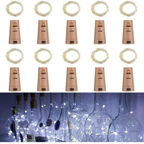Lot de 10 LED Bouteille Guirlande Liège Lampes, 2M 20 LED Lampes de Bouteille,Argenté Fil Guirlandes Lumineuses pour DIY Décorer Fête, Barbecue, Jardin, Chambre, Noël, Halloween (Blanc)..DEBUNS