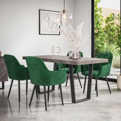 Aria Dining Table And Chairs -  Grey Table Top w Black Legs + Anika Velvet Dining Chair Set Of 4 (Green) (1/5)