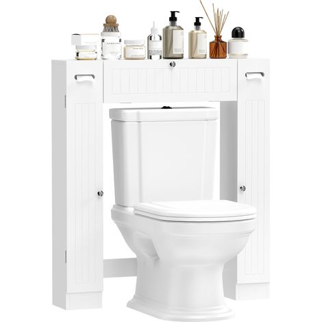 Meuble WC dessus de toilette - HOMCOM - 2 placards, tiroir basculant, porte-papier et étagères réglables - bois - 88x18x98cm - blanc