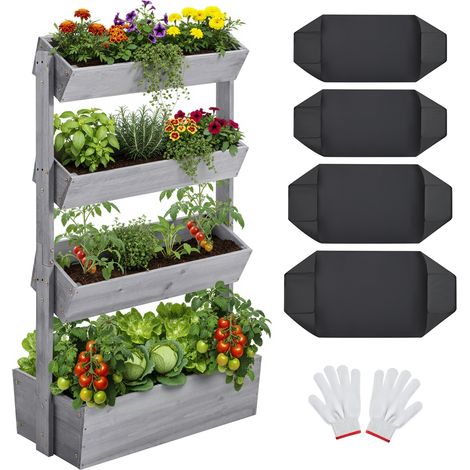 Yaheetech Jardinière Verticale 4 Niveaux Bac de Potager en Bois de Sapin avec Trous de Drainage pour Balcon Terrasse Jardin Support pour Plantes Herbes Fleurs Légumes Gris (1/5)