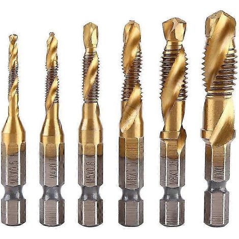 Un jeu de 6 tarauds hélicoïdaux métriques en acier rapide revêtus de titane comprend les tailles M3, M4, M5, M6, M8 et M10. (1/5)