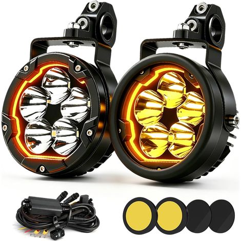 Phares Additionnels Moto 3,7 Pouces 70W 16000LM DRL Ambré Fonction Stroboscopique Faisceau Combin Caches Jaunes/Noirs Supports en U et Tubulaire Harnais de Câbles (1/5)