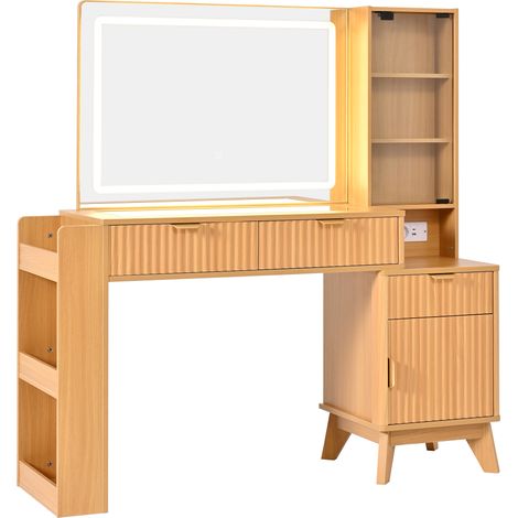 Coiffeuse avec Miroir LED 3 Couleurs, Prises USB/Type-C, 3 Tiroirs, Rangement Verre, Bois Naturel, 133x136x40 cm (1/5)