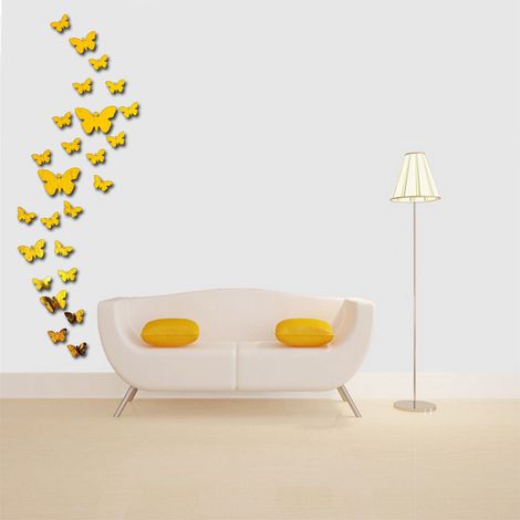 (Or) Autocollants muraux papillon, 36 PCS Acrylique Papillon Miroir Autocollants 3D Papillon Stickers muraux Salon Chambre Bureau Décor