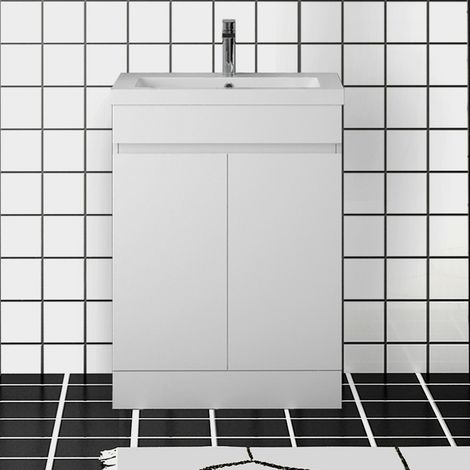 600MM White High gloss MDF Vanity unit, Soft closing, Disassembly, Double door, Freestanding + 101B Thin White Large size Ceramic basin (1/5)
