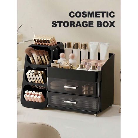 Organizador de mostrador para cosméticos con soporte para brochas y cajones.