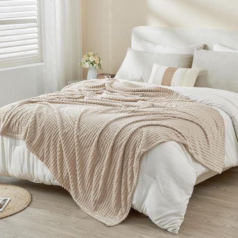 Plaid Couverture Douillette, Grande, 200 x 230cm, Plaid Polaire Flanelle, Douce, Chaude, Jeté de Canapé, Couverture Doux, Beige