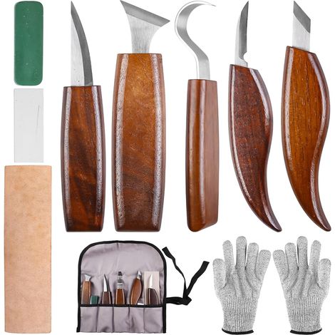 Lot de 10 couteaux de sculpture sur bois professionnels couteau à sculpter, couteau à crochet, burin, ciseau creux, pierre à aiguiser, sac à outils