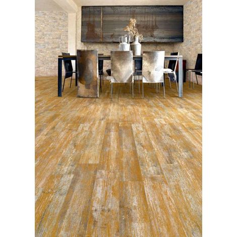 Aelle - Carrelage sol / mur effet bois vieilli jaune moutarde 14,4 x 89,3 cm YUGO R ALBERO - Vendu par boîte de 1.29 m²