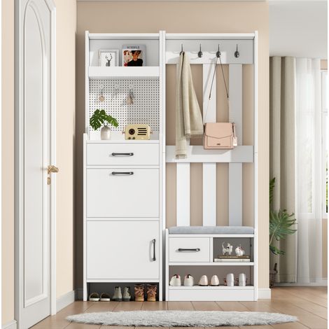 MEUBLIV Vestiaire d'entrée 7-en-1 blanc 110x35x175,5 cm avec banc, rangements et 7 crochets (1/5)