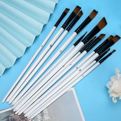 Lot de 12 pinceaux en nylon pour peinture à l'huile/acrylique, manche en bois, blanc nacré, styles variés, pointe biseautée (1/5)