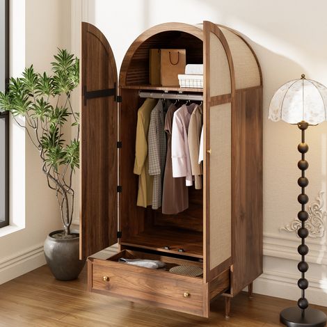 Armario de dormitorio con barra y cajon, puertas revestidas de tela, en MDF, acabado nogal, 79×50×175 cm