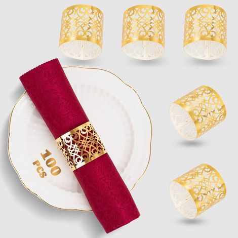 100 pièces d'anneaux de serviette premium en papier métallisé découpé au laser pour décoration de table de mariage, fête, dîner, événements spéciaux et services de restauration (doré)