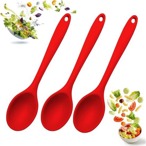 Juego de cucharones de silicona de 4 piezas，Grande 27 cm，Cuchara para remover，Cuchara para cocinar，Cucharas antiadherentes，Negro/Rojo (1/5)