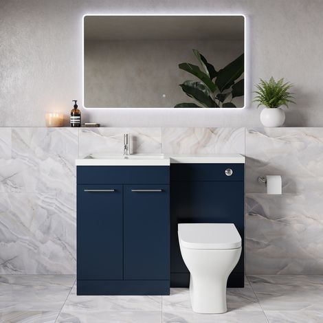 Napoli 390 Deep Blue 1100mm 2 Door Vanity Unit Toilet Suite with Square Left Hand Lucia Basin - 1100mm - Chrome 160mm HandleWith Kingston Toilet Pan and Seat