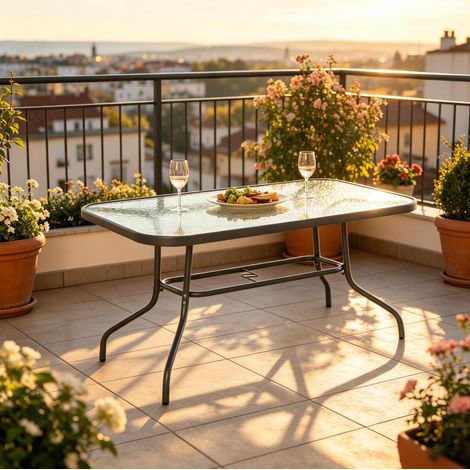 Table de jardin rectangulaire 120 x 80 x 70 cm en métal et verre trempé grise OKMYHOME (1/5)