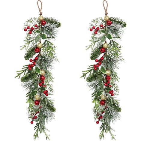 Set mit 2 künstlichen Tannennadel-Weihnachtsgirlanden mit Beerenkugeln, Weihnachtsdekoration für Zuhause (1/2)