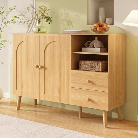 Buffet de salon avec 2 portes galbées, 2 tiroirs et 2 niches ouvertes, meuble d'entrée 118x35x82 cm, MDF et panneaux de particules naturel (1/5)