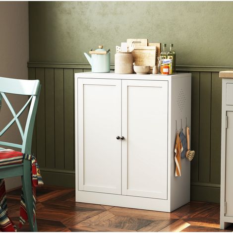 Credenza da cucina 70x35x88 cm in metallo con ripiani regolabili, maniglie nere e spazio portaoggetti, bianca (1/5)