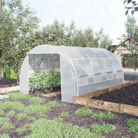 Gewächshaus mit 8 Fenstern 3,97x3x2 m Stahl Weiß OKMYHOME (1/4)