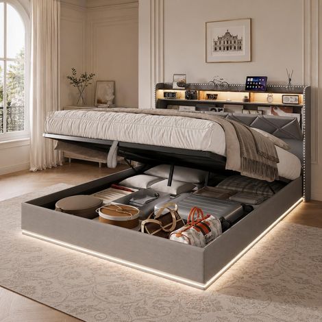 Cama 140x200 cm con canapé abatible, LED RGB y puertos USB, estructura tapizada en tejido de lino y cabecero con almacenamiento, Gris (1/5)