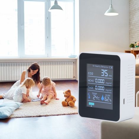Intelligenter Luftqualitätsdetektor mit Digitalanzeige, 5 in 1, Kohlendioxiddetektor, Temperatur, Luftfeuchtigkeit, Formaldehyd, VOC, Bluetooth-fähiger Luftreiniger, USB-aufladbar, weiß. (1/5)