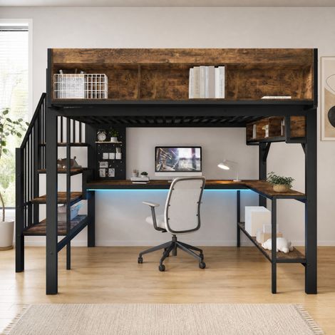 DESMIU Lit mezzanine 140 × 200 cm 2 places avec bureau d'angle, LED, USB, Type-C et rangement, sans matelas (1/5)