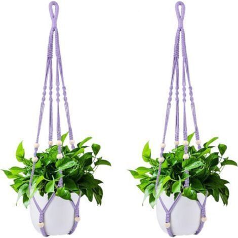 Deux paniers suspendus pour plantes d'intérieur en corde de coton violette, de 98 cm chacun, avec des perles en bois mais sans crochets. (1/5)