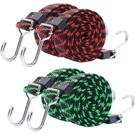 Cordons élastiques réglables avec crochets, lot de 4 sangles élastiques plates de 2 m avec boucle en métal robuste, corde élastique élastique pour porte-bagages, déplacement de cargaison, camping (ver (1/5)