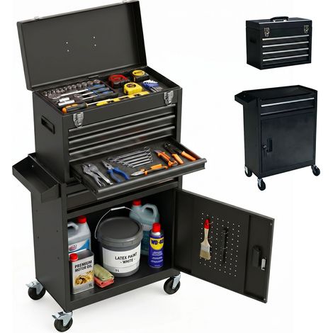 Relaxdays tool trolley, 5 drawers, storage compartment & top box, lockable, HxWxD: 104x59.5x28 cm, steel, black